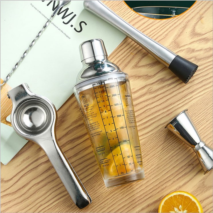  Bình pha chế bình lắc cocktail thủy tinh in công thức pha chế có nắp inox 304 cao cấp