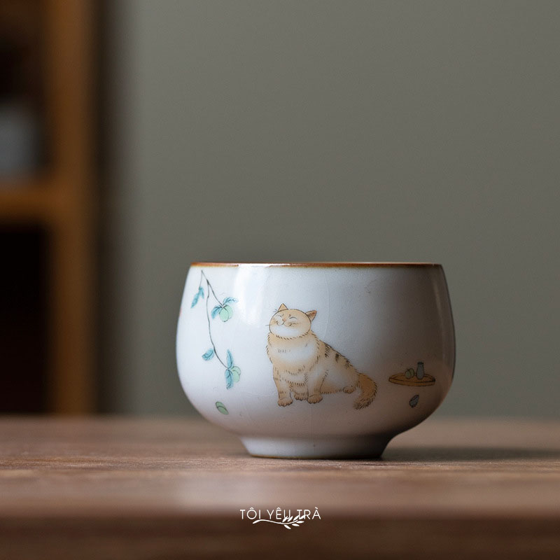 Cốc uống trà gốm sứ thủ công họa tiết mèo dễ thương dung tích 120ml