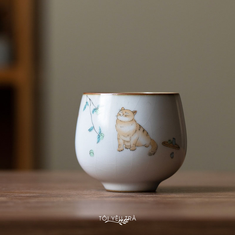 Cốc uống trà sứ men rạn cao cấp họa tiết mèo dễ thương (cốc thiền)